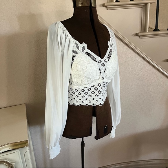 Flying Tomato Size XL White Crop Top Lace Balloon Sleeve Smocked Festival Pirate - Picture 3 of 12